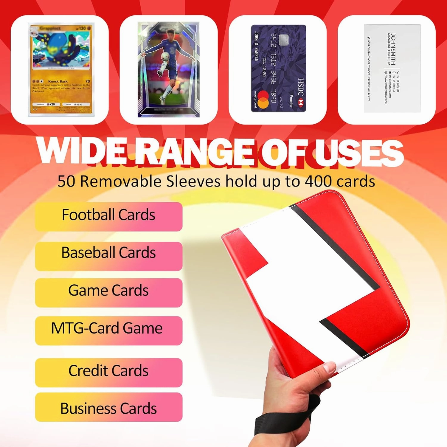 Card Binder 4 Pocket Trading Game Collection Album with 50 Removable Sleeves, Premium PU Holder Zipper, Trading Card Book Holder for Game Cards, Sports Cards, Baseball, Basketball, Football Cards