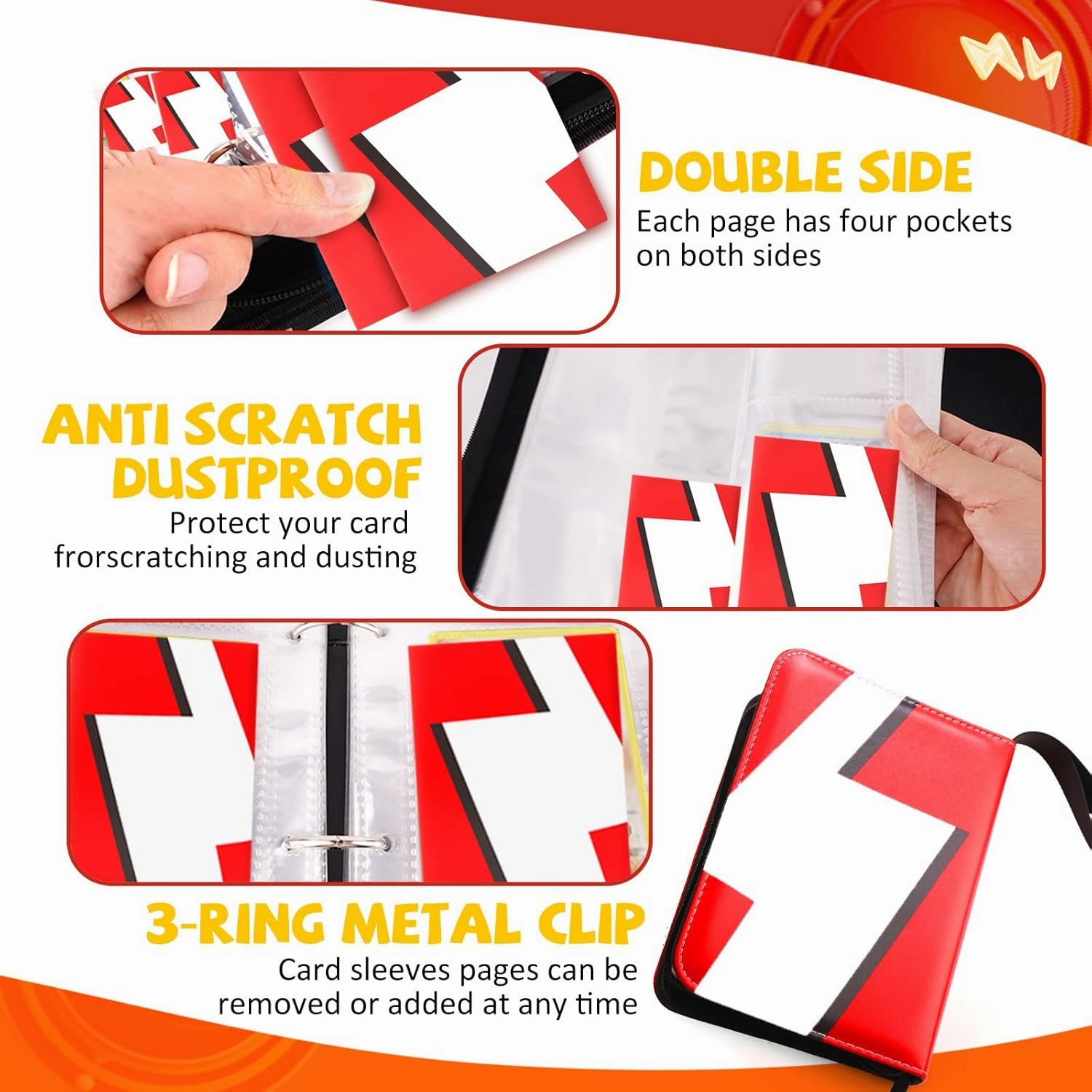 Card Binder 4 Pocket Trading Game Collection Album with 50 Removable Sleeves, Premium PU Holder Zipper, Trading Card Book Holder for Game Cards, Sports Cards, Baseball, Basketball, Football Cards