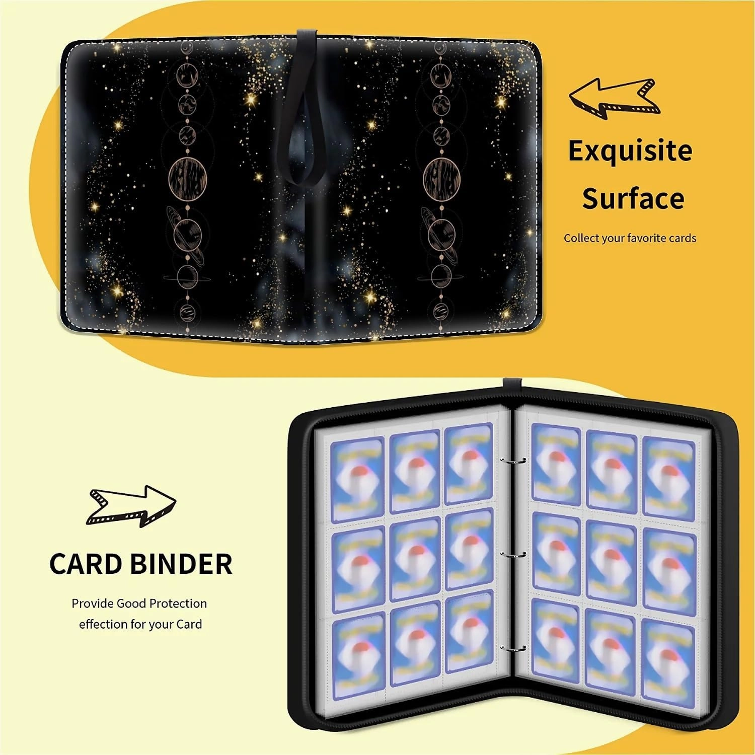 Card Binder 900 Pockets, 50 Sleeves Large Binder Trading Cards Holder 9 Pocket, Storage Organizer, Album Folder Case Protector Collector Gift Aligned Black Planets