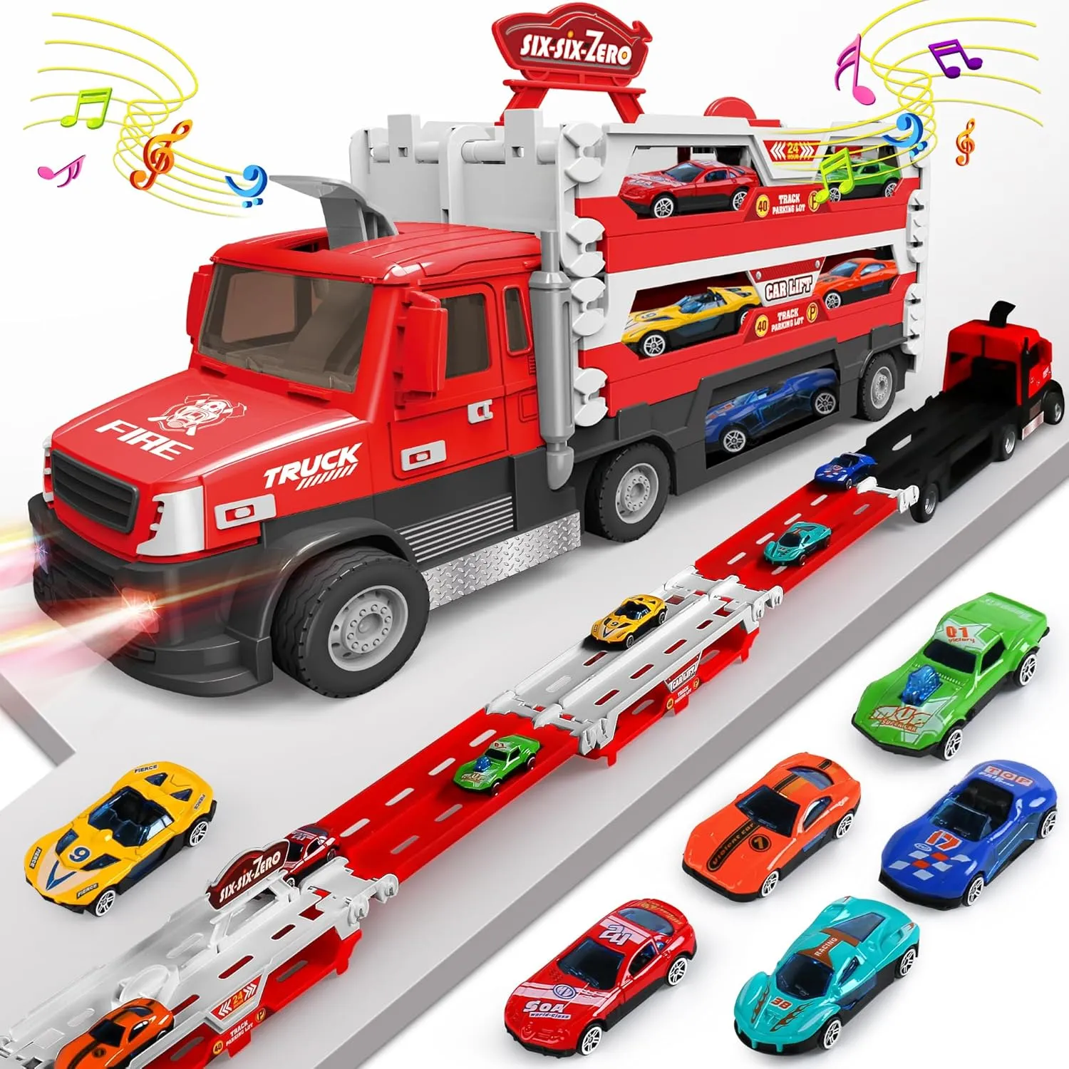 Carrier Truck Race Track Kids Toys, 4.6-FT Foldable Hauler Track Ejection Car Police Trucks Toy and 6 Racing Car with Light&Sounds, Truck Toy Child Xmas Gifts for 3  Year Old Boys Girls-Red