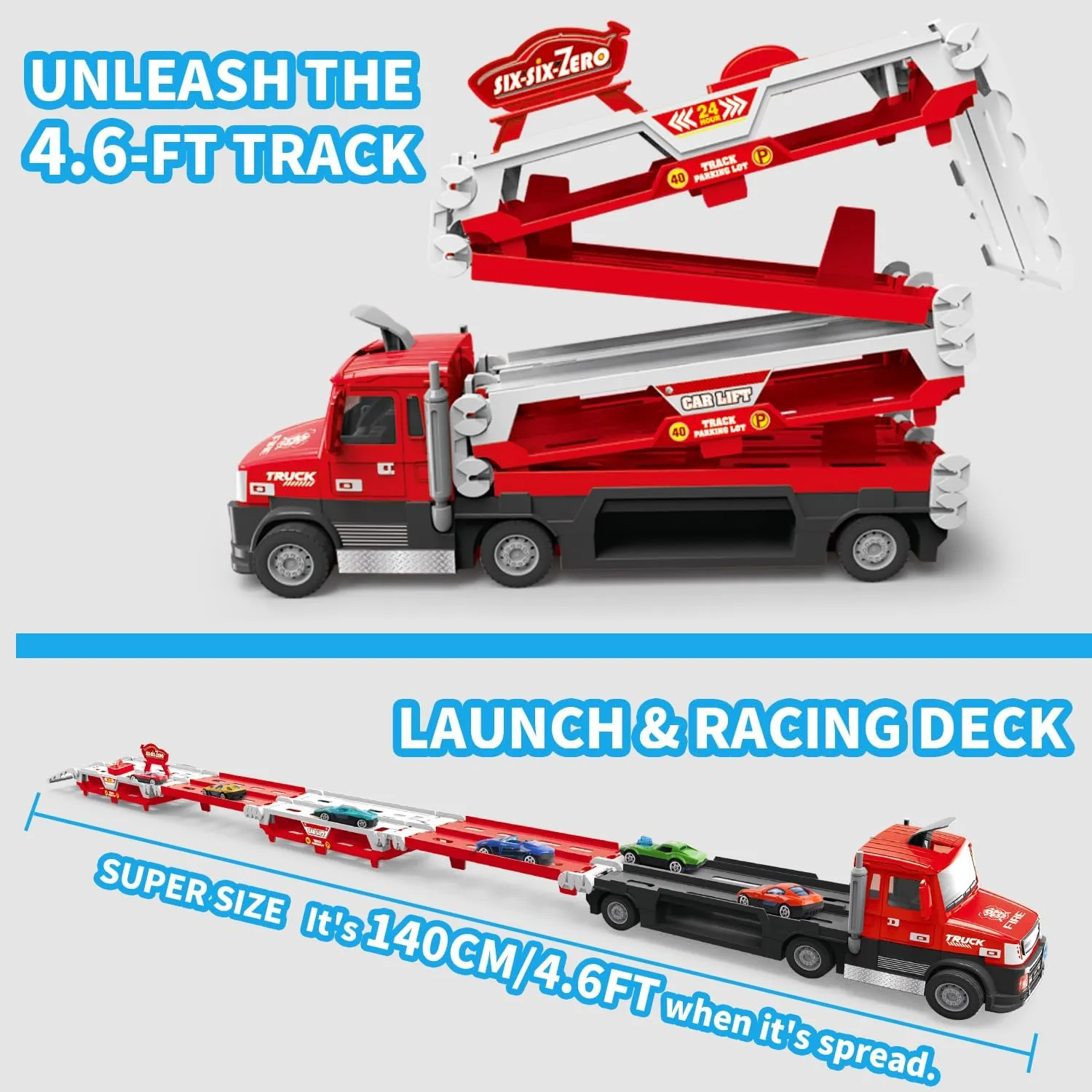 Carrier Truck Race Track Kids Toys, 4.6-FT Foldable Hauler Track Ejection Car Police Trucks Toy and 6 Racing Car with Light&Sounds, Truck Toy Child Xmas Gifts for 3  Year Old Boys Girls-Red