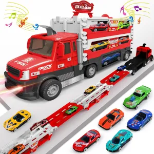 Carrier Truck Race Track Kids Toys, 4.6-FT Foldable Hauler Track Ejection Car Police Trucks Toy and 6 Racing Car with Light&Sounds, Truck Toy Child Xmas Gifts for 3  Year Old Boys Girls-Red