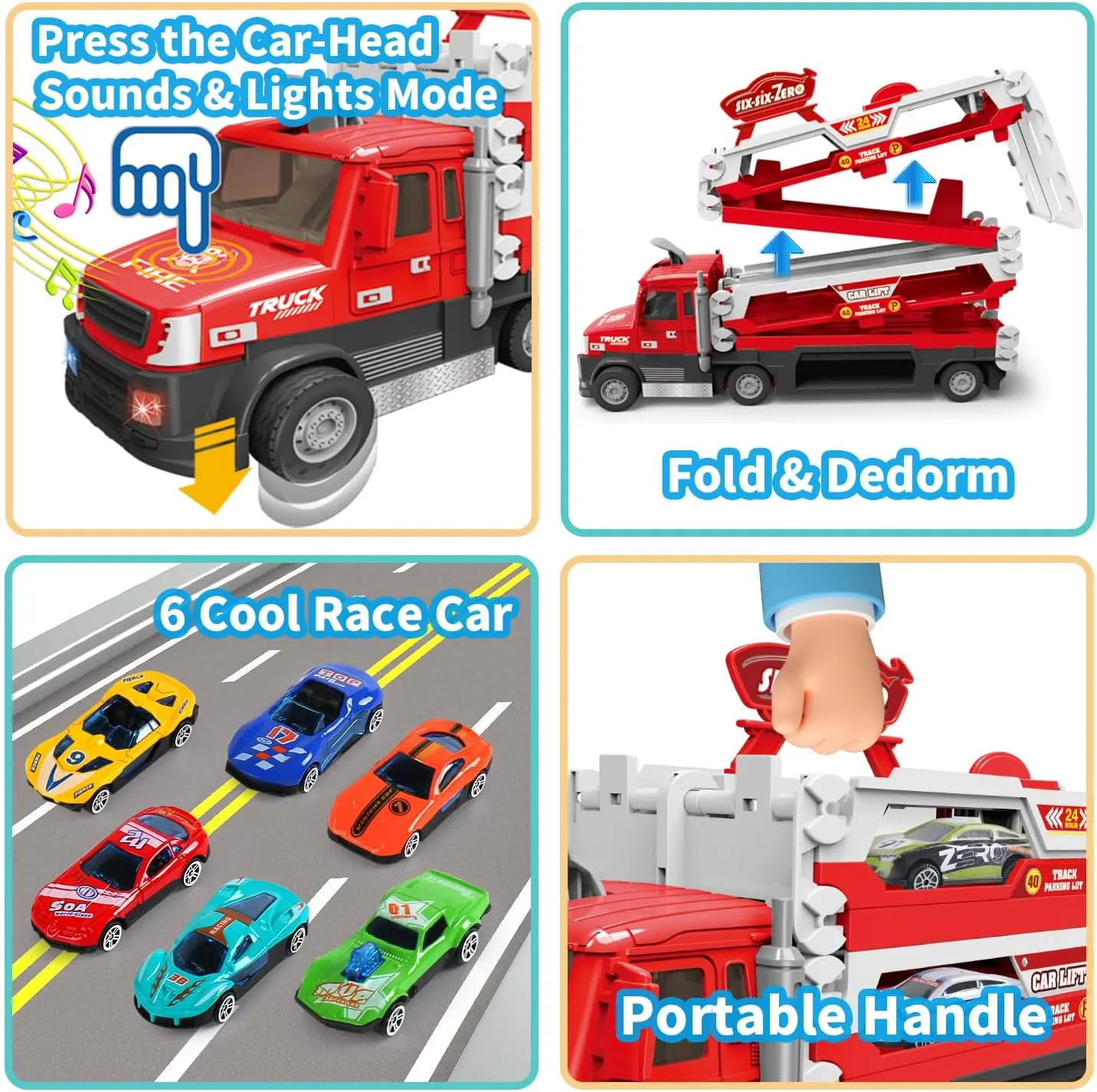 Carrier Truck Race Track Kids Toys, 4.6-FT Foldable Hauler Track Ejection Car Police Trucks Toy and 6 Racing Car with Light&Sounds, Truck Toy Child Xmas Gifts for 3  Year Old Boys Girls-Red