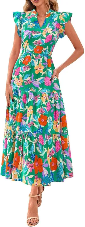 Casual Summer Dresses for Women 2025,Women's Trendy Floral Printed Midi Dress Ruffle Pleated Flying Sleeve Beach Dresses