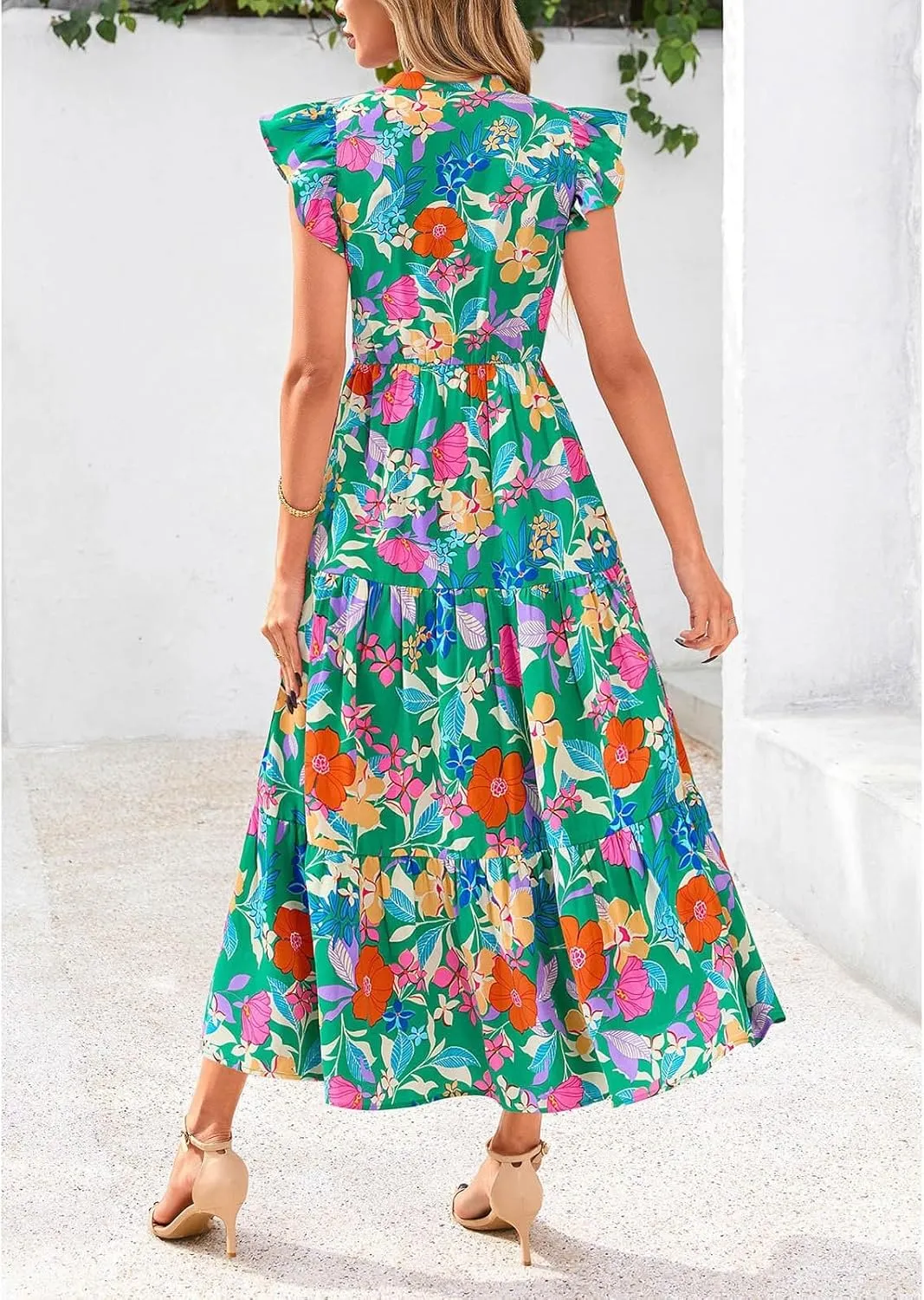 Casual Summer Dresses for Women 2025,Women's Trendy Floral Printed Midi Dress Ruffle Pleated Flying Sleeve Beach Dresses