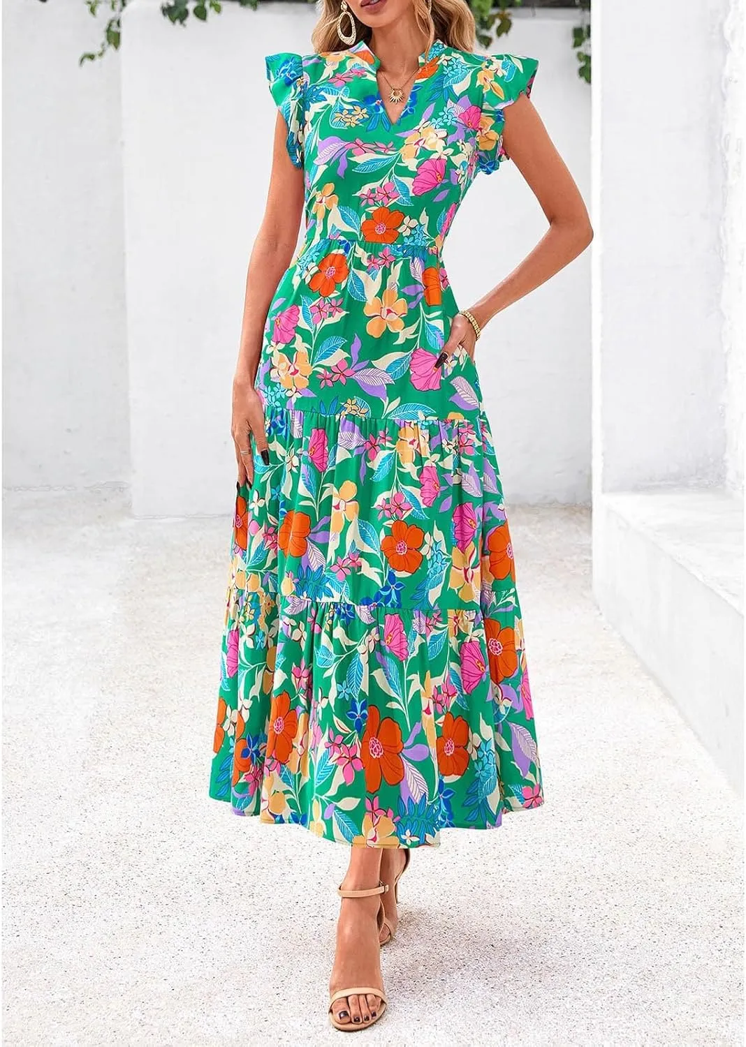 Casual Summer Dresses for Women 2025,Women's Trendy Floral Printed Midi Dress Ruffle Pleated Flying Sleeve Beach Dresses