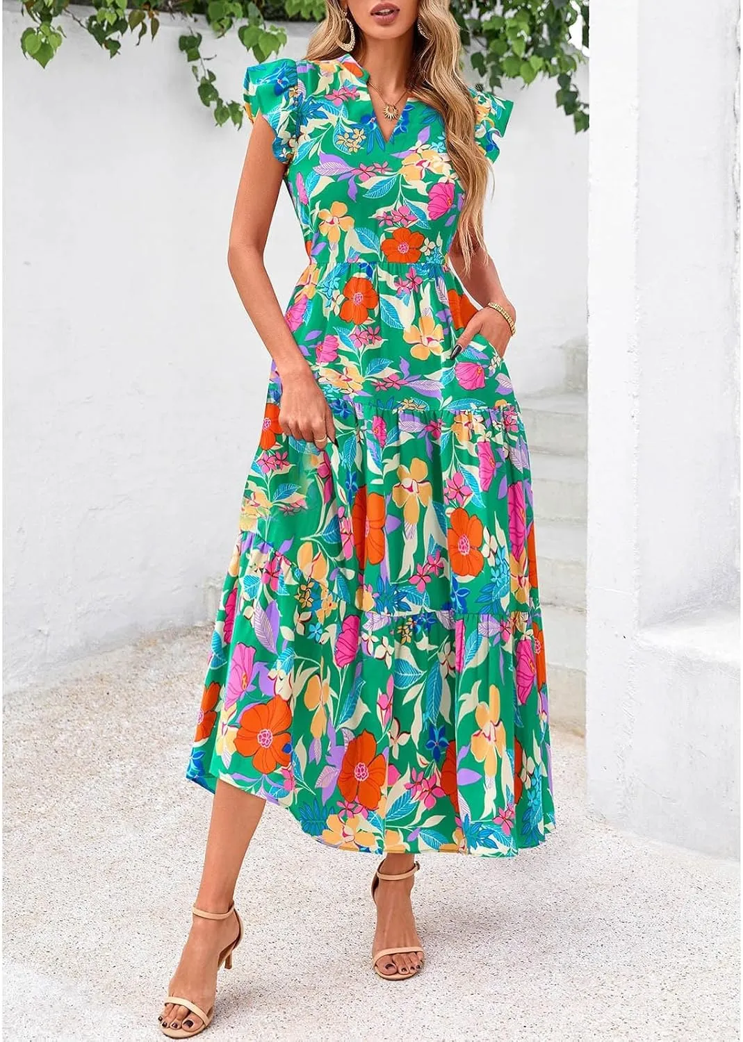 Casual Summer Dresses for Women 2025,Women's Trendy Floral Printed Midi Dress Ruffle Pleated Flying Sleeve Beach Dresses