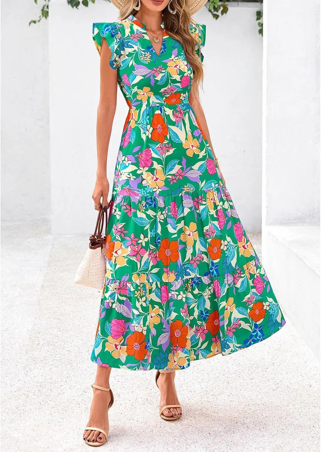 Casual Summer Dresses for Women 2025,Women's Trendy Floral Printed Midi Dress Ruffle Pleated Flying Sleeve Beach Dresses