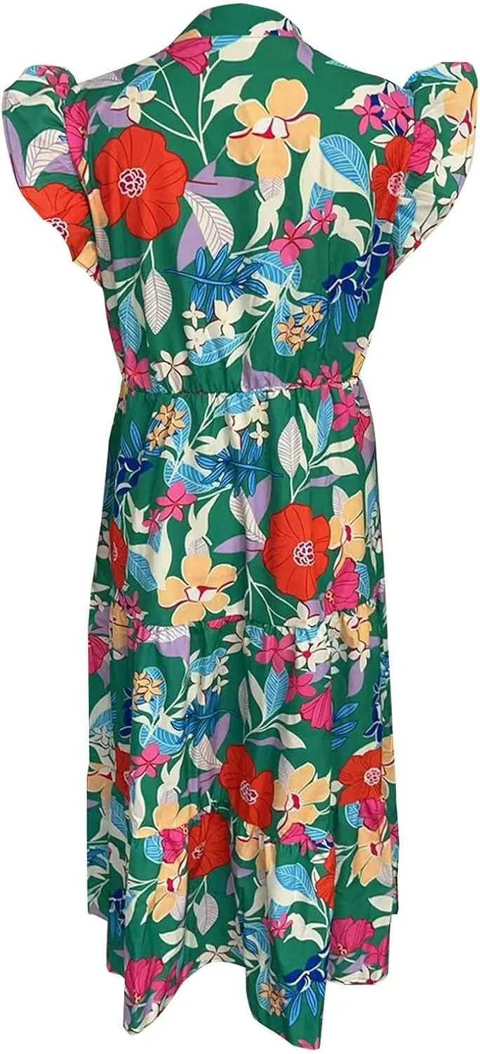 Casual Summer Dresses for Women 2025,Women's Trendy Floral Printed Midi Dress Ruffle Pleated Flying Sleeve Beach Dresses