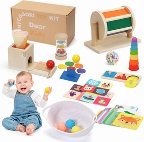 Child-Safe Montessori Educational Sensory Toy Set for Babies and Toddlers 6-12 Months - Must-Have for Early Development - 10 in 1 Wooden Learning Toy kit with Object Permanence Box, Stacking Cups etc