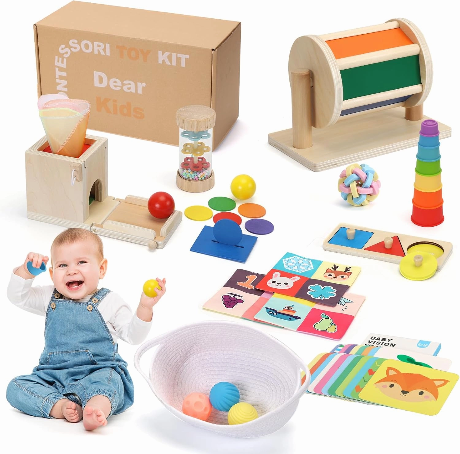 Child-Safe Montessori Educational Sensory Toy Set for Babies and Toddlers 6-12 Months - Must-Have for Early Development - 10 in 1 Wooden Learning Toy kit with Object Permanence Box, Stacking Cups etc