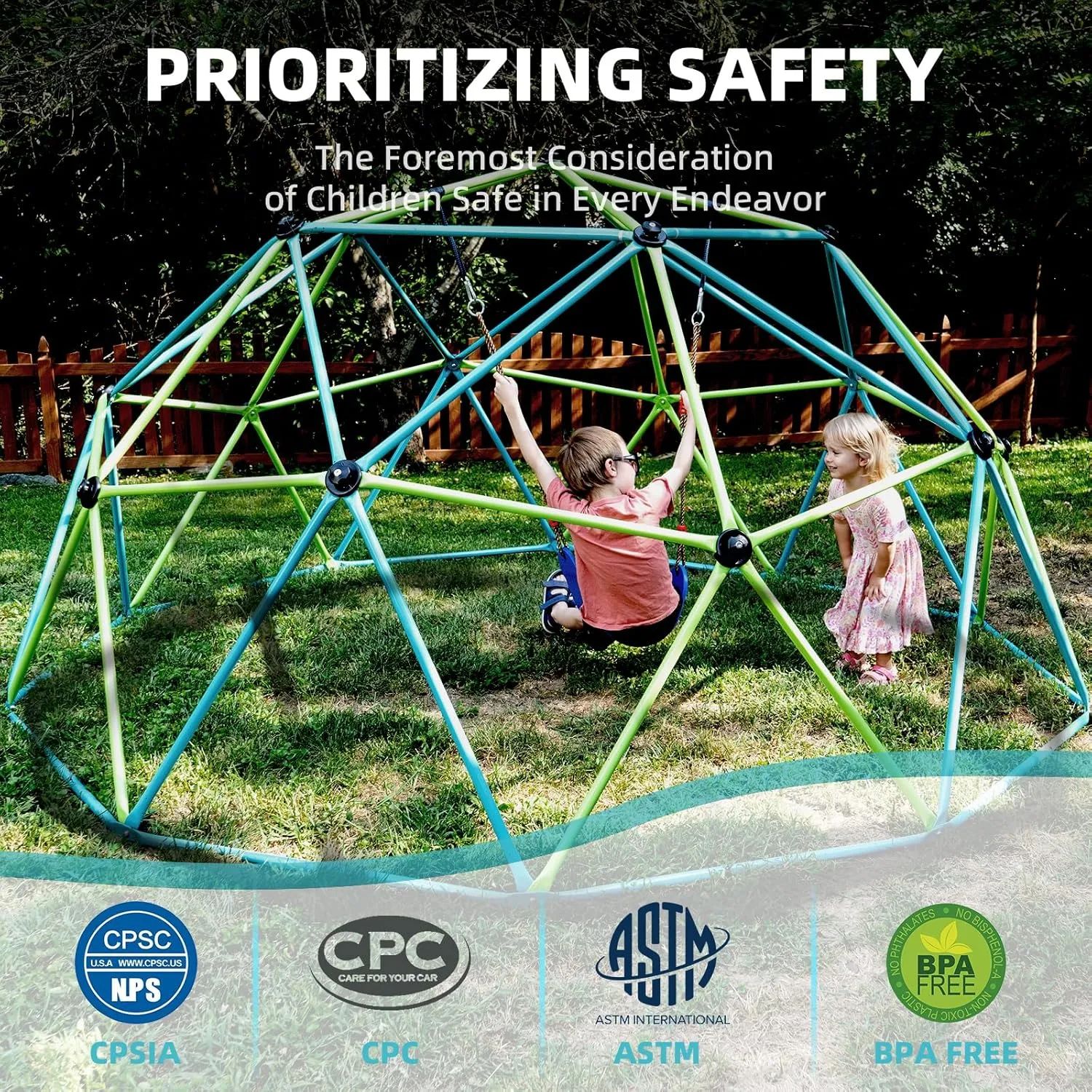 Climbing Dome, 10FT Jungle Gym with Swing for Kids 3 to 10 Outdoor Play Equipment, Supports 800lbs Toddler Play Set, Anti-Rust & Easy Assembly, Gift for Boys Girls (Yellow & Blue)