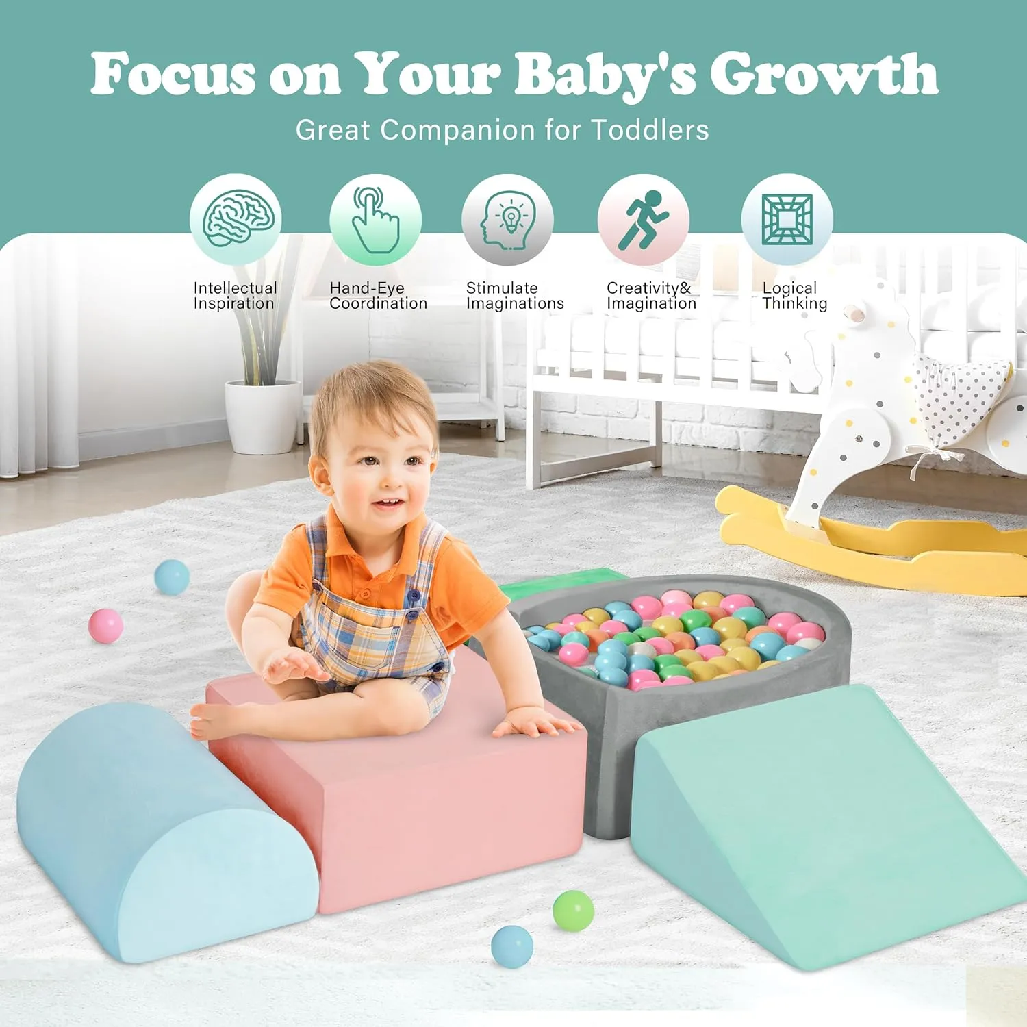 Climbing Toys for Toddlers 1-3 Inside, Soft Foam Climb Blocks & Ball Pit for Baby,5-Piece Baby Climbing Crawling Toys Activity Play Set(Balls Not Included)