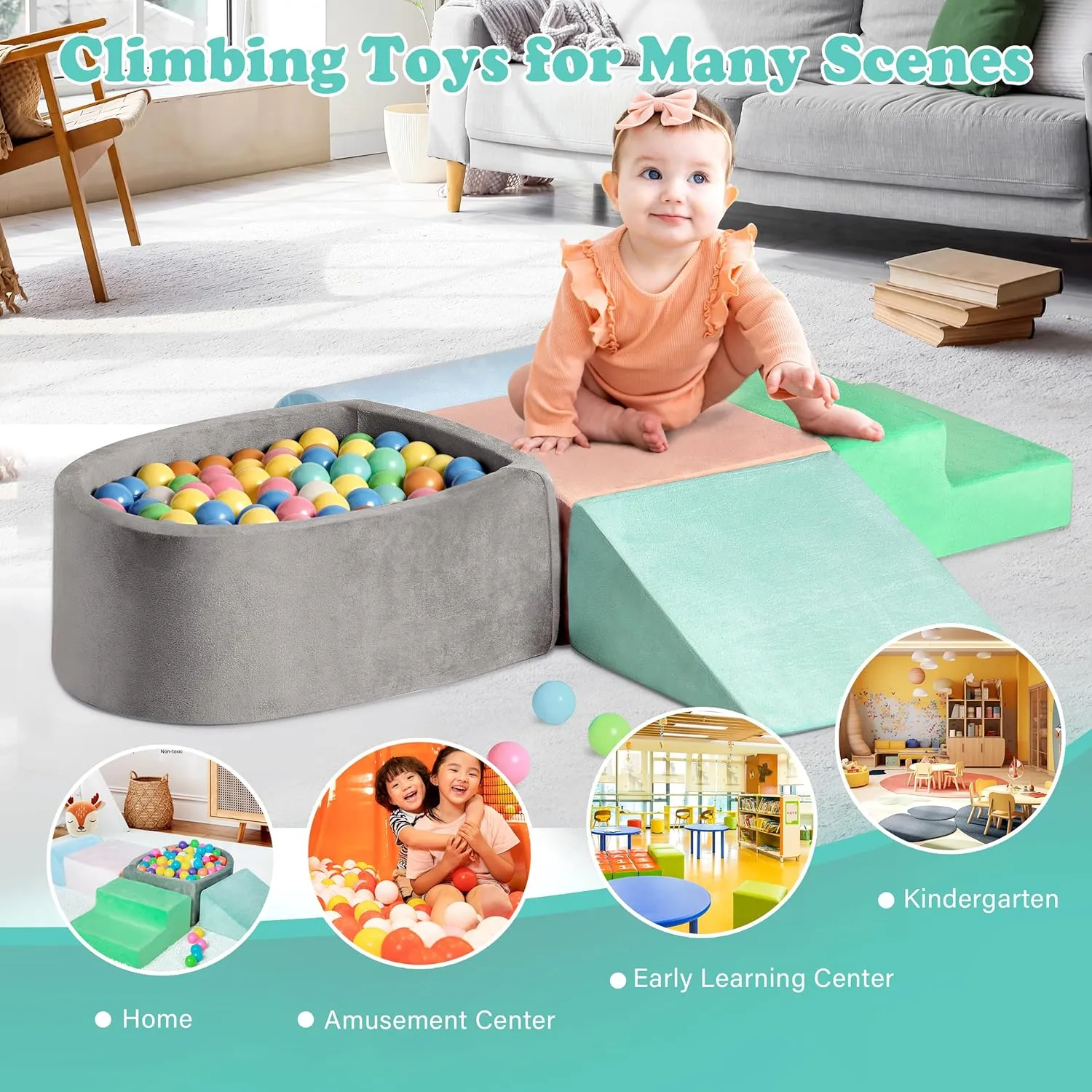Climbing Toys for Toddlers 1-3 Inside, Soft Foam Climb Blocks & Ball Pit for Baby,5-Piece Baby Climbing Crawling Toys Activity Play Set(Balls Not Included)