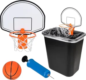 Clip-On Basketball Trash-Can Set, Fun Indoor Basketball Set for Home or Office, Includes Mini Hoop with Backboard, Inflatable Basketball, and Pump, Black
