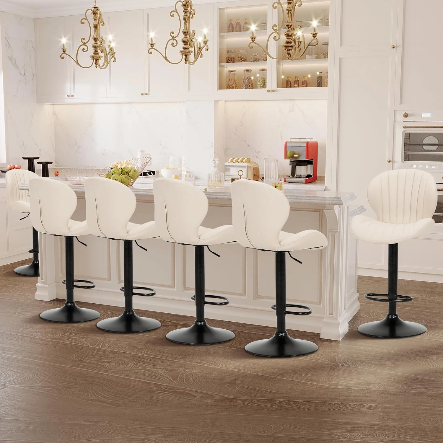 COLAMY Bar Stools Set of 2, Modern Swivel Bar Chairs, Adjustable Faux Leather Upholstered Barstools Counter Height with High Backrest for Bar, Kitchen Island, Dining Room, Beige