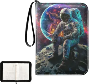 Colorful Astronaut Galaxy Earth Planet Card Binder 4 Pocket, Trading Card Holder Fits 400 Game Cards with 50 Removable Sleeves, MTG Card Case Standard Size