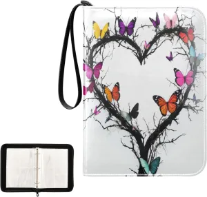 Colorful Butterflies Black Tree Heart Card Binder 4 Pocket, Trading Card Holder Fits 400 Game Cards with 50 Removable Sleeves, MTG Card Case Standard Size