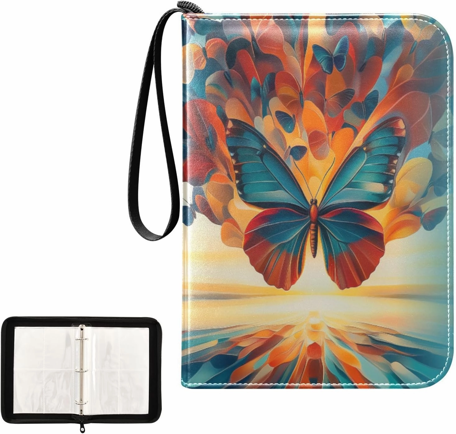 Colorful Butterflies Art Pattern Card Binder 4 Pocket, Trading Card Holder Fits 400 Game Cards with 50 Removable Sleeves, MTG Card Case Standard Size