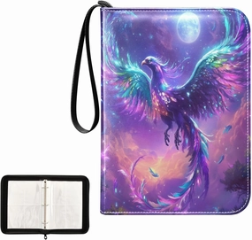 Colorful Phoenix Fly Purple Moon Card Binder 4 Pocket, Trading Card Holder Fits 400 Game Cards with 50 Removable Sleeves, MTG Card Case Standard Size