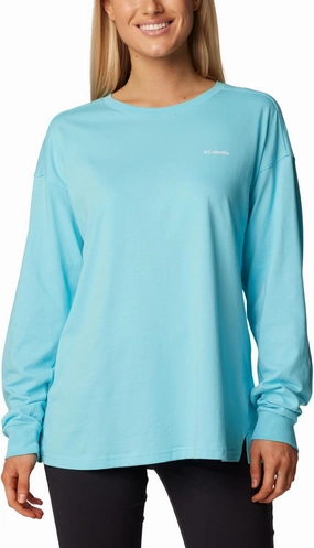 Columbia Women's North Cascades Branded Long Sleeve Crew, Aquamarine/Varsity Arch, X-Large