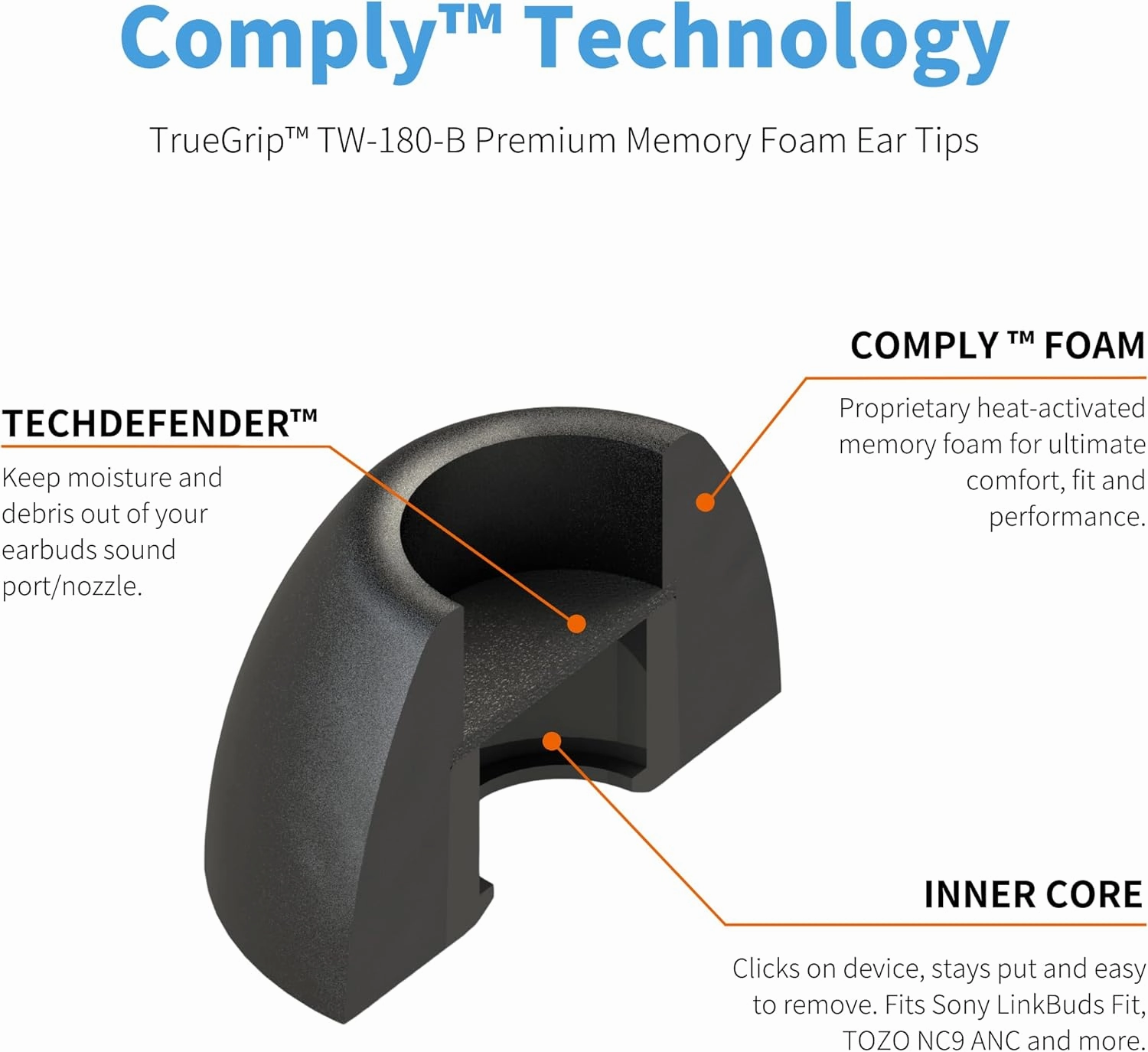Comply TW-180-B | Memory Foam Replacement Earbud Tips for Sony LinkBuds Fit, TOZO NC9 Hybrid ANC | Ultimate Comfort, Secure Fit, Superior Noise Isolation | Black (S/M/L) (3 Pairs)