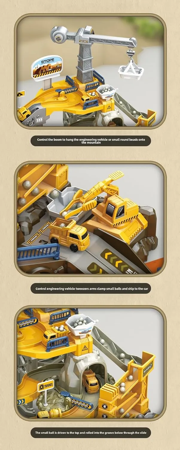 Construction Vehicle Track Set with Crane, Electric Track Slide, Multi-Level Racing Track, Engineering Toy Playset with Vehicles (002A)