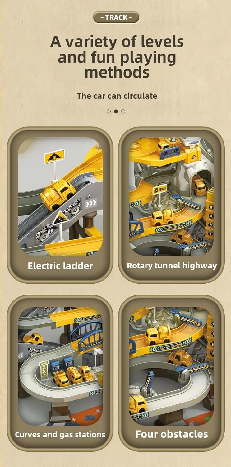 Construction Vehicle Track Set with Crane, Electric Track Slide, Multi-Level Racing Track, Engineering Toy Playset with Vehicles (002A)