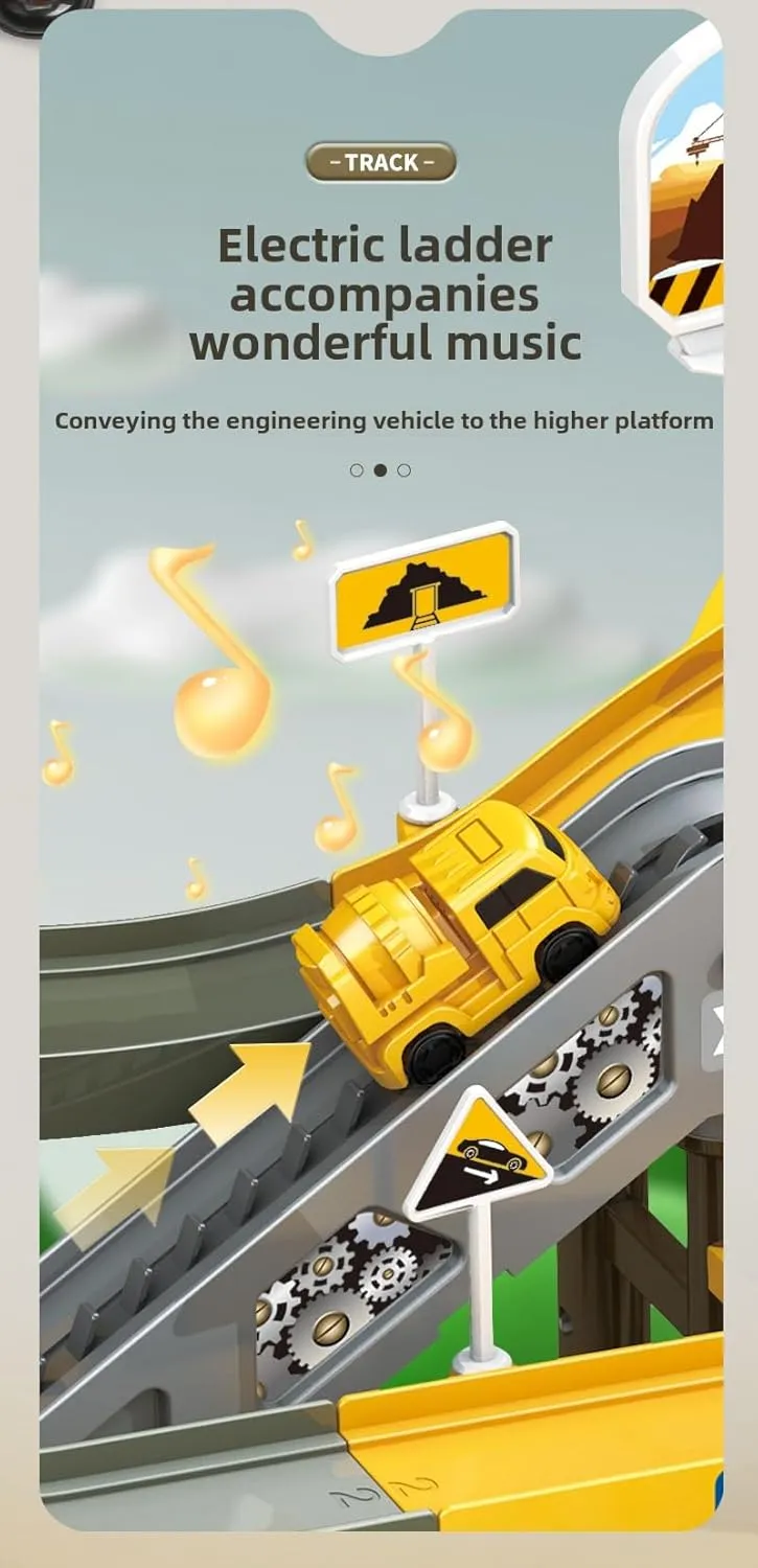 Construction Vehicle Track Set with Crane, Electric Track Slide, Multi-Level Racing Track, Engineering Toy Playset with Vehicles (002A)