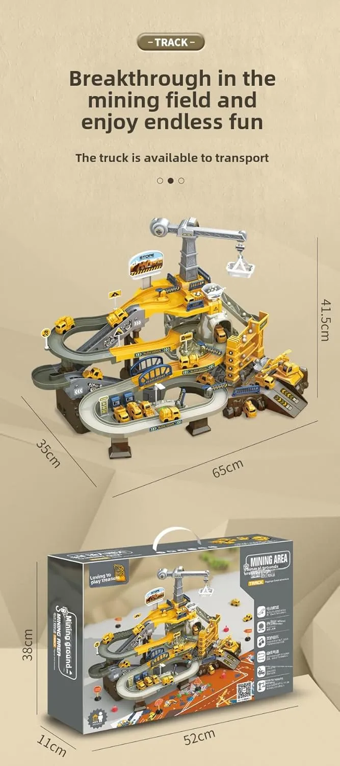 Construction Vehicle Track Set with Crane, Electric Track Slide, Multi-Level Racing Track, Engineering Toy Playset with Vehicles (002A)