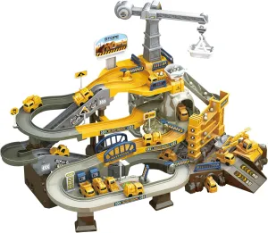 Construction Vehicle Track Set with Crane, Electric Track Slide, Multi-Level Racing Track, Engineering Toy Playset with Vehicles (002A)