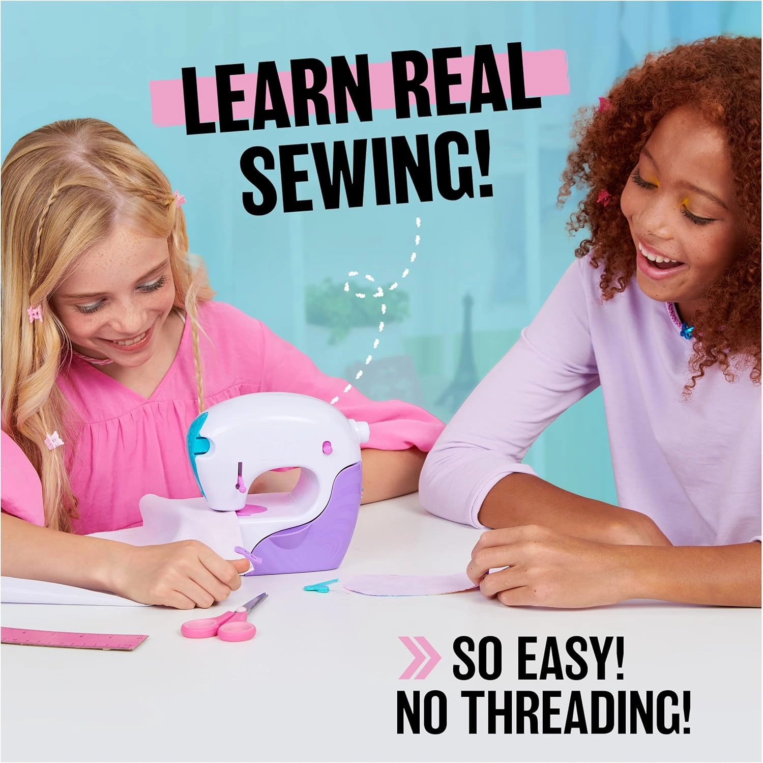 Cool Maker, Stitch ‘N Style Fashion Studio, Pre-Threaded Sewing Machine Toy with Fabric and Water Transfer Prints, Arts & Crafts Kids Toys for Girls