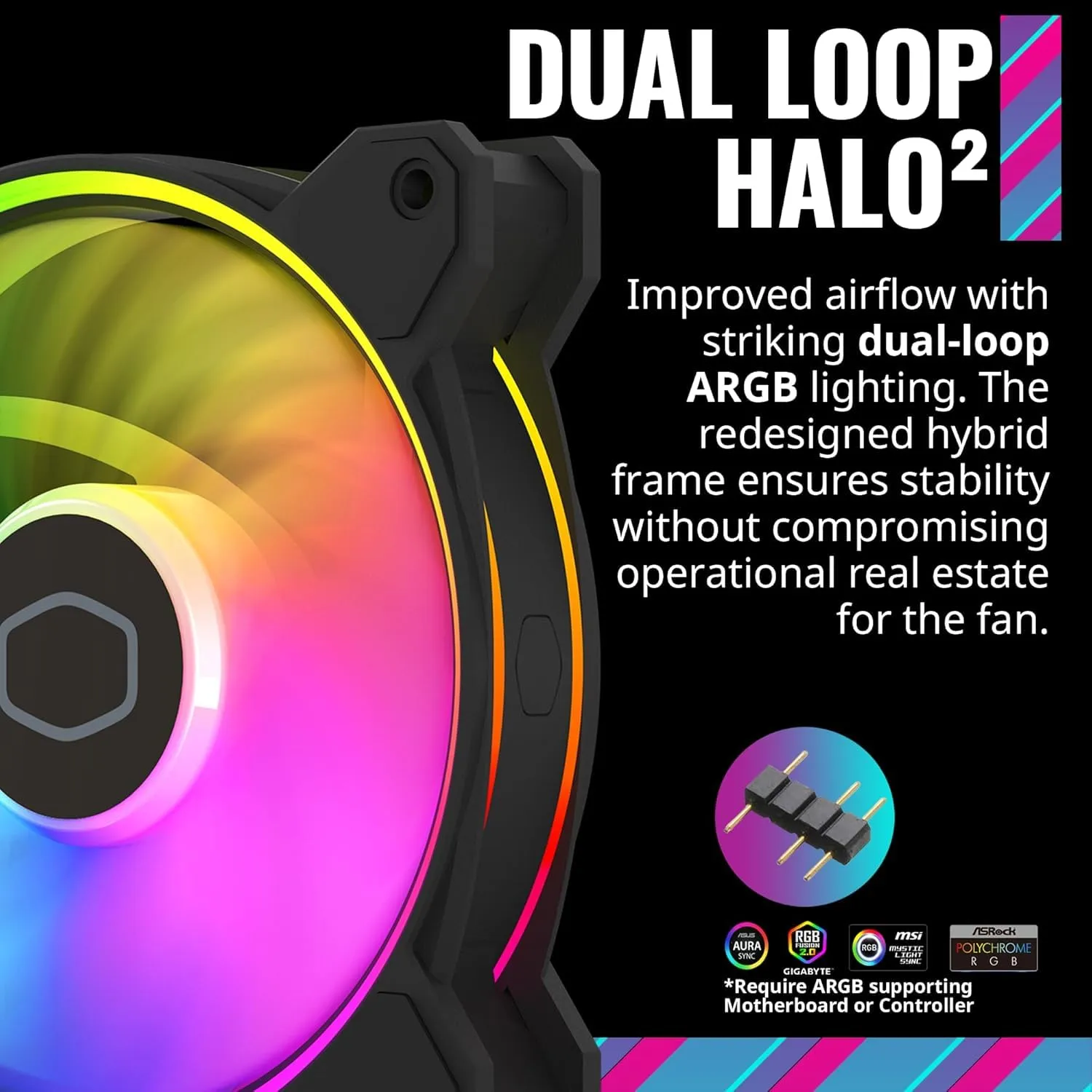 Cooler Master MasterFan MF120 Halo2 ARGB: Case & Cooling Fan, Dual Ring Addressable RGB Lighting, Rifle Bearing, Enlarged Air Balance Blades with Jam Sensor Protection & Upgraded Driver IC - 120mm