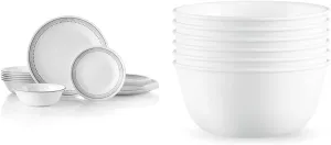 Corelle Vitrelle 18-Piece Service for 6 Dinnerware Set, Mystic Gray & Vitrelle 28-oz Soup/Cereal Bowls Set of 6, Chip & Crack Resistant Dinnerware Bowls