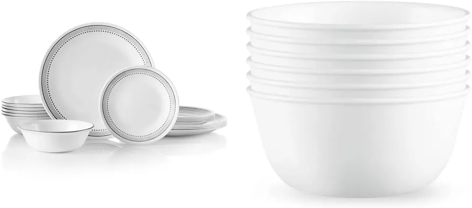 Corelle Vitrelle 18-Piece Service for 6 Dinnerware Set, Mystic Gray & Vitrelle 28-oz Soup/Cereal Bowls Set of 6, Chip & Crack Resistant Dinnerware Bowls