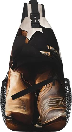 Cowboy Black Hat Western Boots Crossbody Chest Bag Sling Backpack for Travel Work Casual Use Shoulder Pack