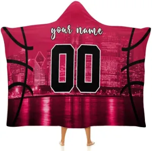 Custom Basketball City Night Skyline Hooded Blankets Personalized Name Number Wearable Flannel Blankets Gifts 50" x 40",60" x 50",80" x 60"