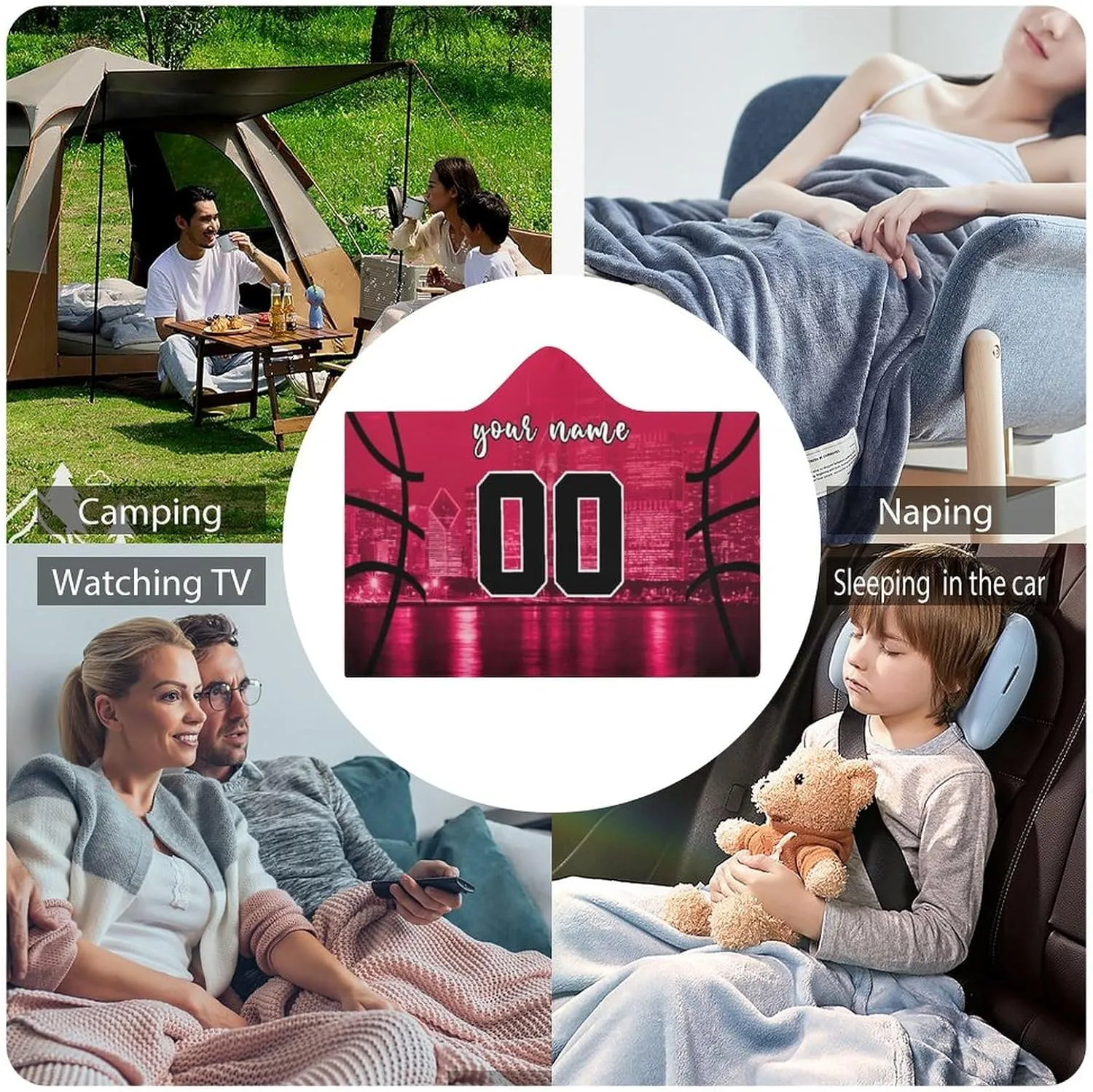 Custom Basketball City Night Skyline Hooded Blankets Personalized Name Number Wearable Flannel Blankets Gifts 50" x 40",60" x 50",80" x 60"