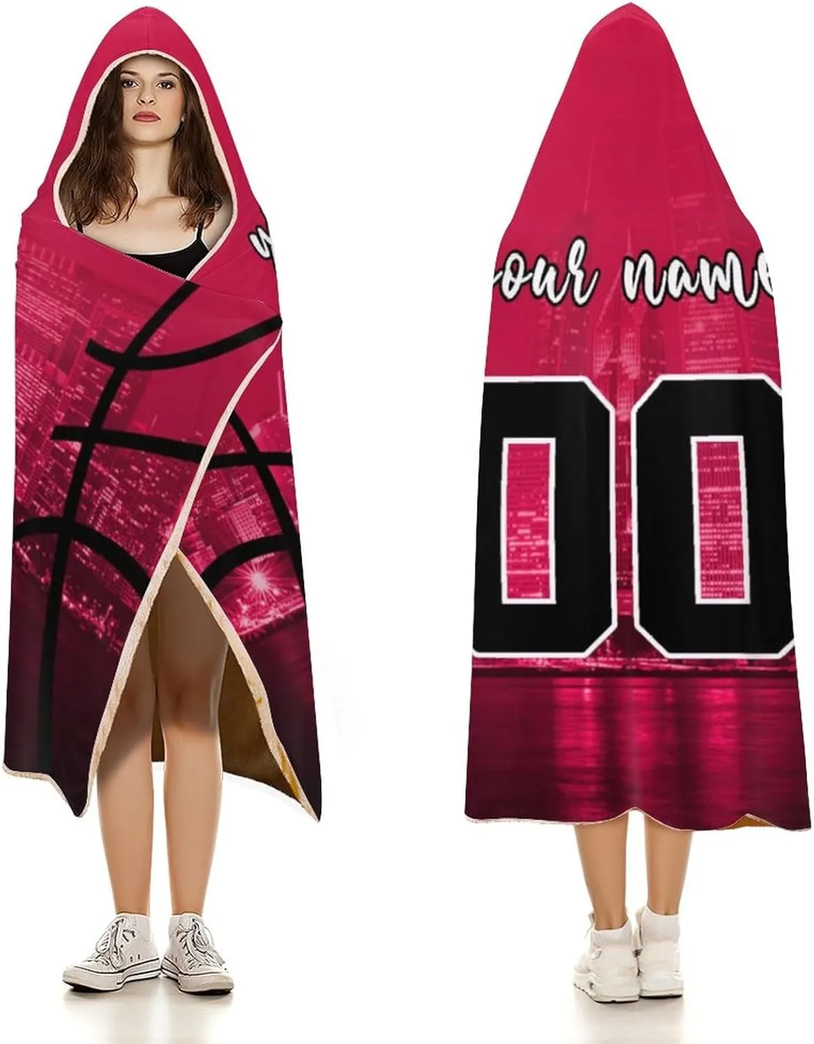 Custom Basketball City Night Skyline Hooded Blankets Personalized Name Number Wearable Flannel Blankets Gifts 50" x 40",60" x 50",80" x 60"