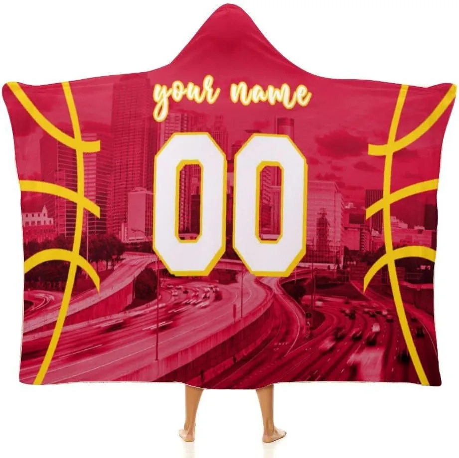 Custom Basketball City Night Skyline Hooded Blankets Personalized Name Number Wearable Flannel Blankets Gifts 50" x 40",60" x 50",80" x 60"