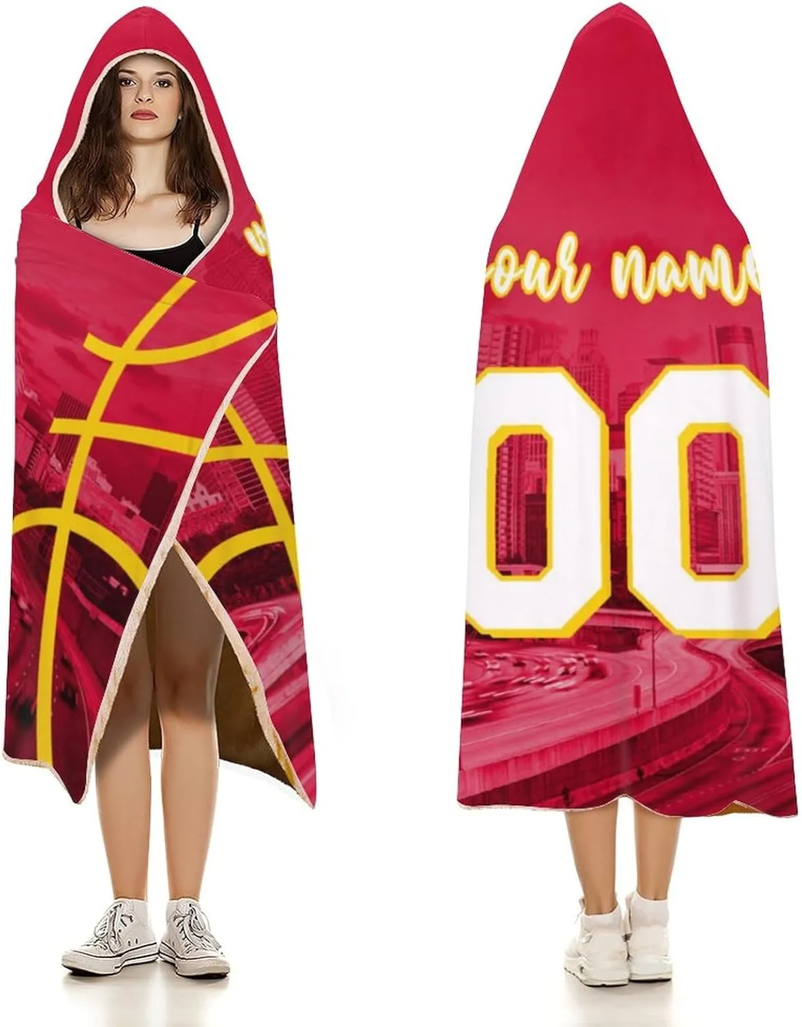 Custom Basketball City Night Skyline Hooded Blankets Personalized Name Number Wearable Flannel Blankets Gifts 50" x 40",60" x 50",80" x 60"