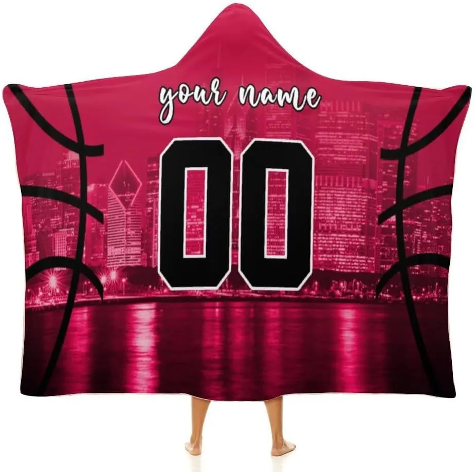 Custom Basketball City Night Skyline Hooded Blankets Personalized Name Number Wearable Flannel Blankets Gifts 50" x 40",60" x 50",80" x 60"
