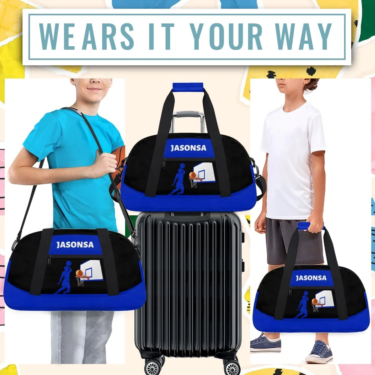 Custom Mini Gym Duffel Bag for Women Men Personalized Basketball Blue Print Waterproof Carry On Weekender Bag
