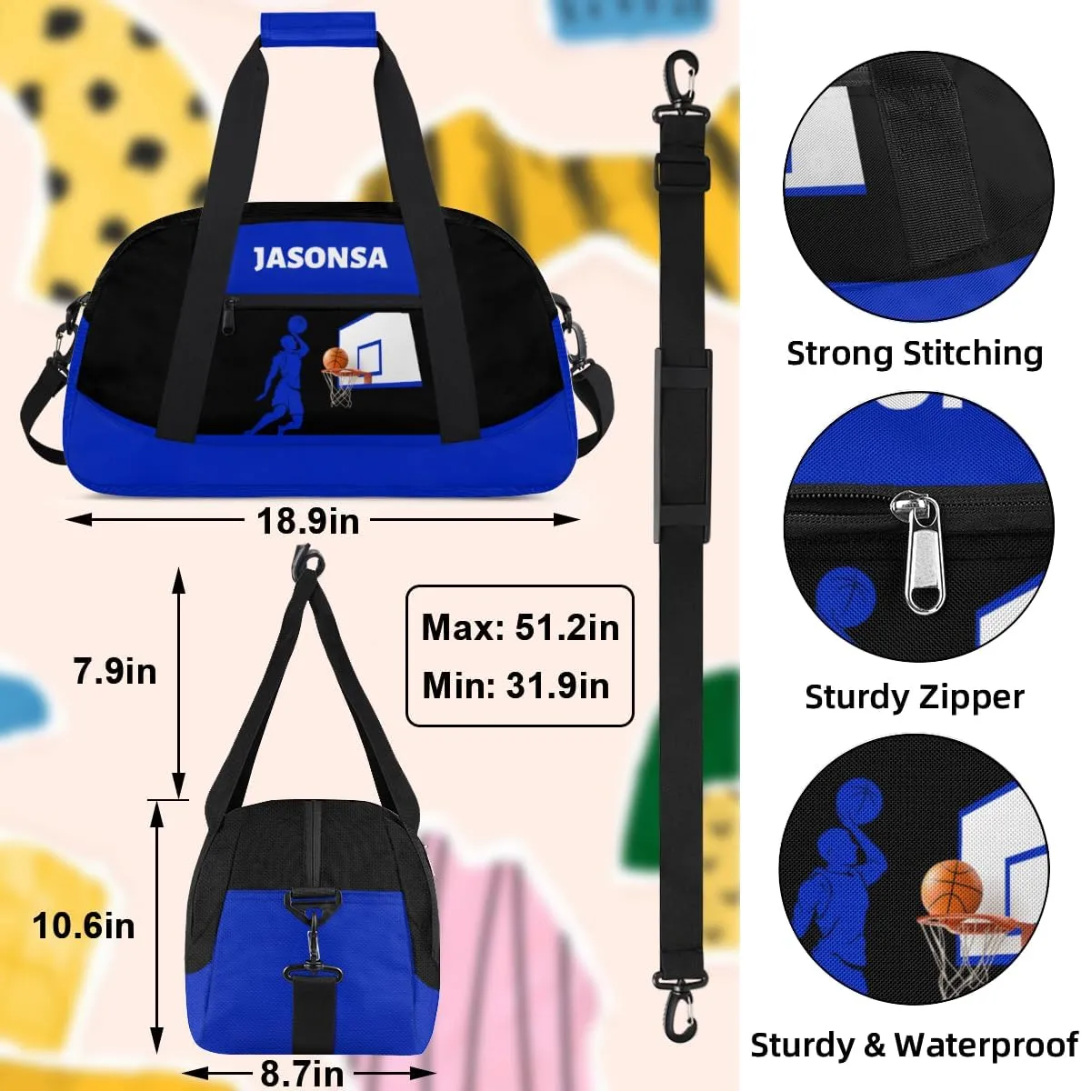 Custom Mini Gym Duffel Bag for Women Men Personalized Basketball Blue Print Waterproof Carry On Weekender Bag