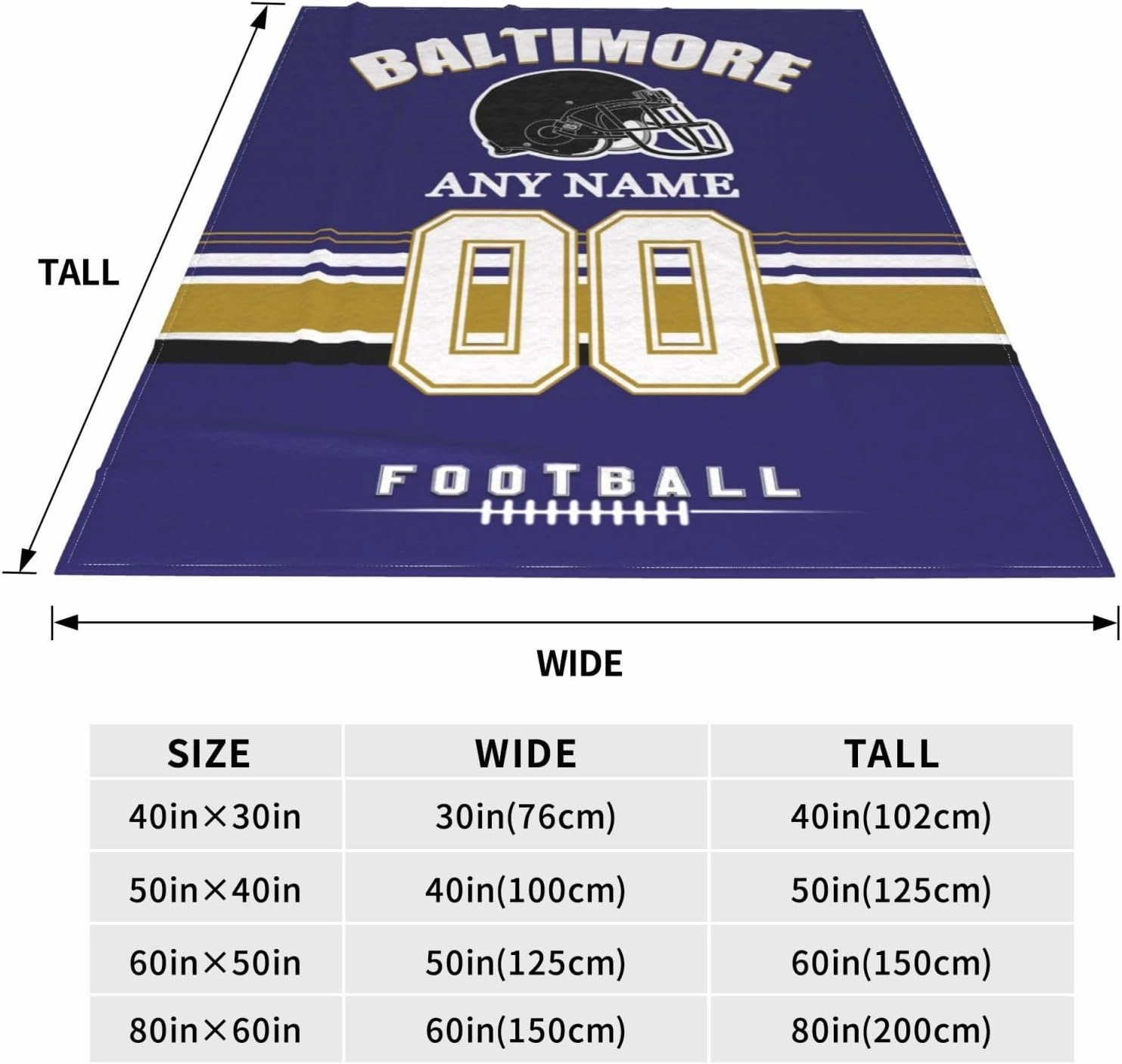 Custom Baltimore Throw Blanket, Personalized Throw Blanket with Any Name and Number, Customized Lightweight Soft Warm Blankets Gifts for Men Women Youth Fans Decor Sofa Bed