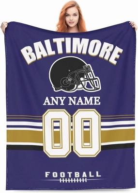 Custom Baltimore Throw Blanket, Personalized Throw Blanket with Any Name and Number, Customized Lightweight Soft Warm Blankets Gifts for Men Women Youth Fans Decor Sofa Bed