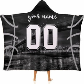 Custom Basketball City Night Skyline Hooded Blankets Personalized Name Number Wearable Flannel Blankets Gifts 50" x 40",60" x 50",80" x 60"