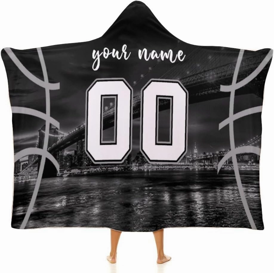 Custom Basketball City Night Skyline Hooded Blankets Personalized Name Number Wearable Flannel Blankets Gifts 50" x 40",60" x 50",80" x 60"
