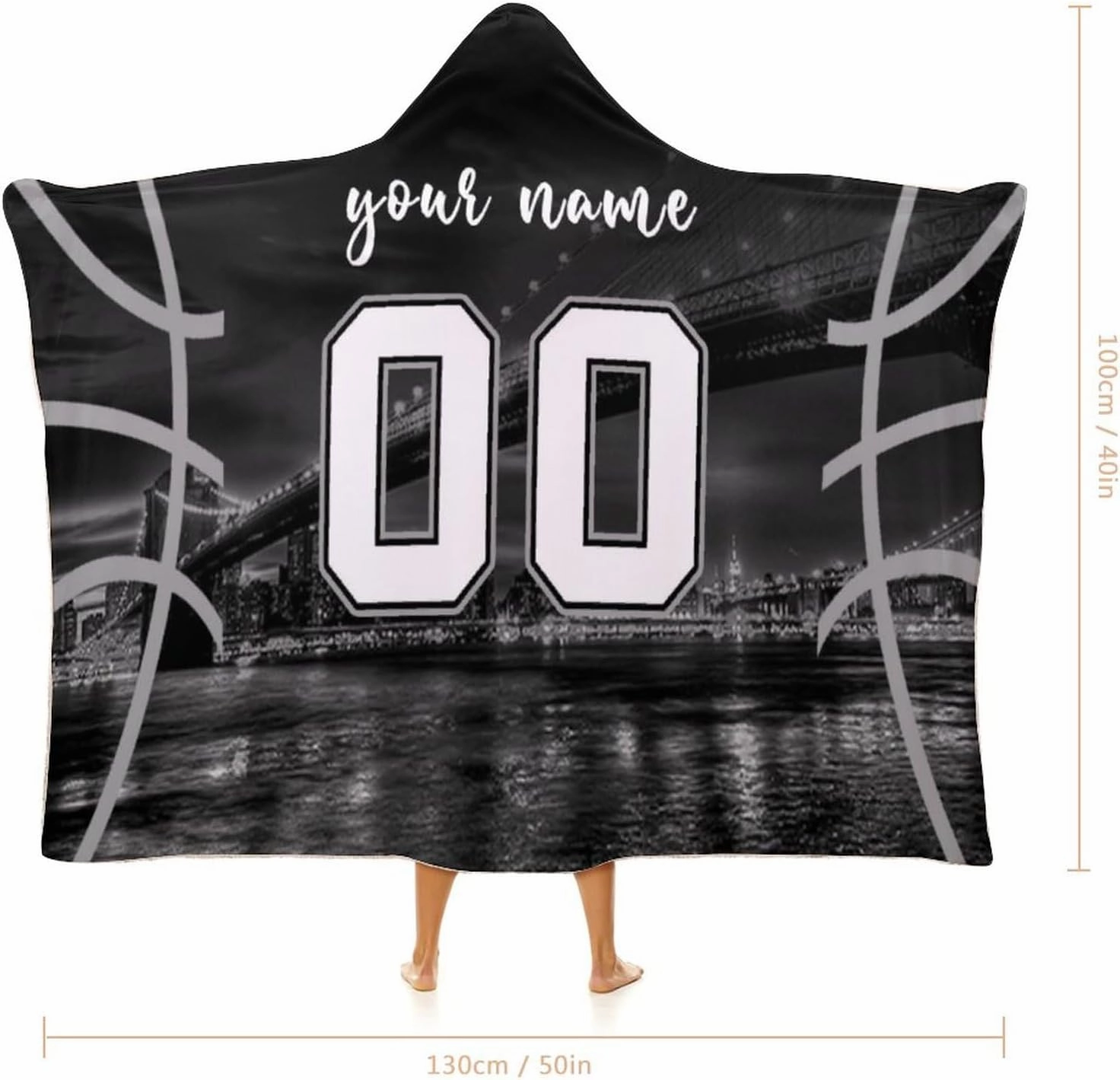 Custom Basketball City Night Skyline Hooded Blankets Personalized Name Number Wearable Flannel Blankets Gifts 50" x 40",60" x 50",80" x 60"