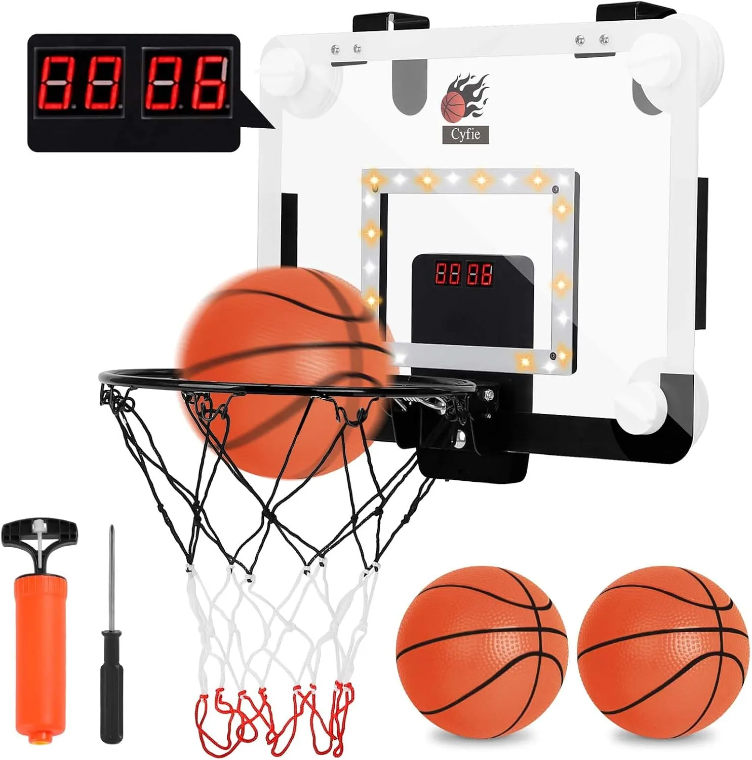 CYFIE Basketball Hoop Suction Cup, LED Light Basketball Hoop with Scoreboard, Hook, 3 Balls, Mini Indoor Basketball Toy Gifts for Kids Boys Youth Slam Dunk Games